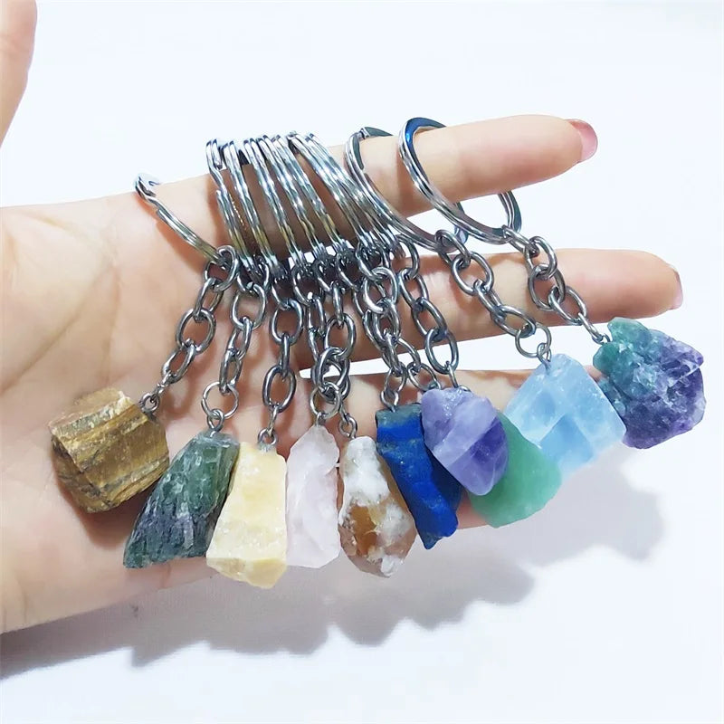 20pcs Natural Rough Raw Stone Crystal Quartzs Keychain Women Men Handbag Hangle Car Key Holder Raw Mineral Stone KeyRing Jewelry Viralgem Store