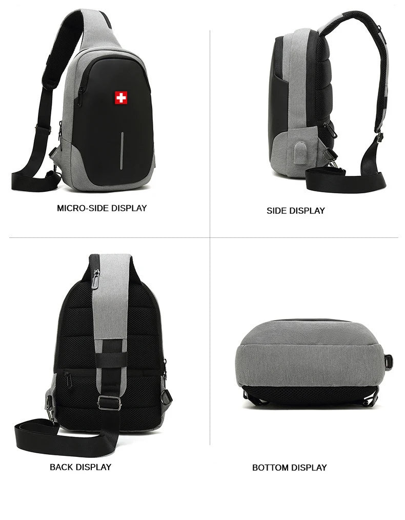 SWISS New Men's Casual Chest Bag Sports Waterproof Shoulder Bag Anti-theft Crossbody Bag Fashion Solid Color Usb Bag Sling Pack Viralgem Store