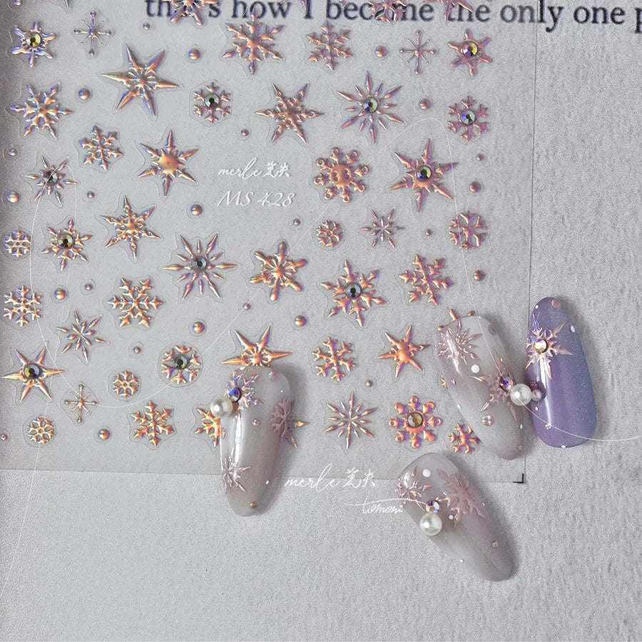 5D Laser Star Moon Snowflake Shiny Rhinestone Embossed Relief Self Adhesive Nail Art Decoration Sticker Manicure Decals