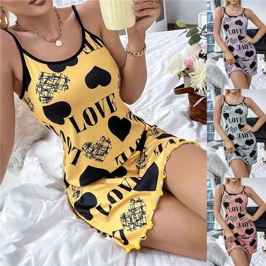 Summer New Women's Nightgown Beauty Back Thin Section Of Home Wear Sexy Halter Short Skirt Love Cartoon Cute Printing Pajamas Viralgem Store