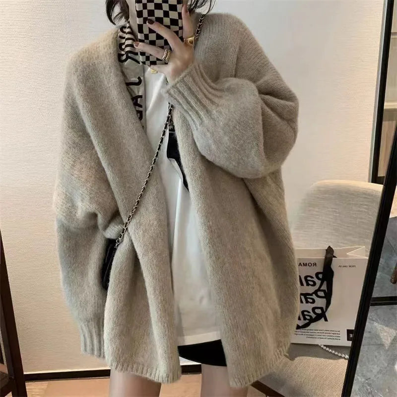 Zoki Autumn Winter Thicken Warm Women Cardigan Sweater Korean Lazy Wind Soft All Match Cardigans Tops Solid Loose Knitted Coats
