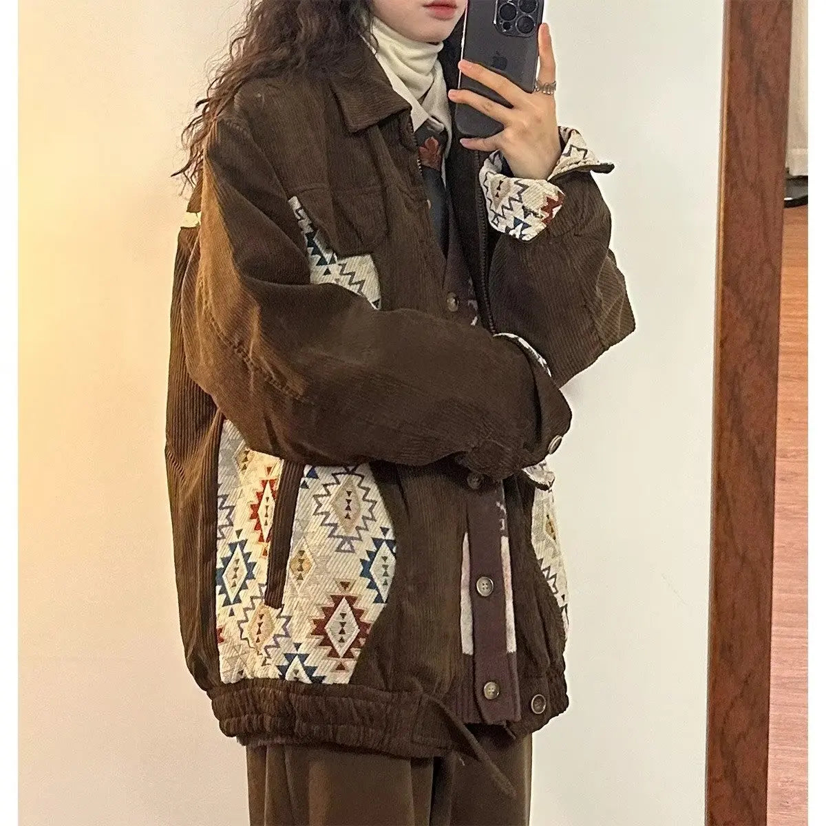 Women Jackets Geometric Contrast Color Leisure Fashion Versatile Retro Japanese Style Chic Streetwear Blocking Coats Warm Daily