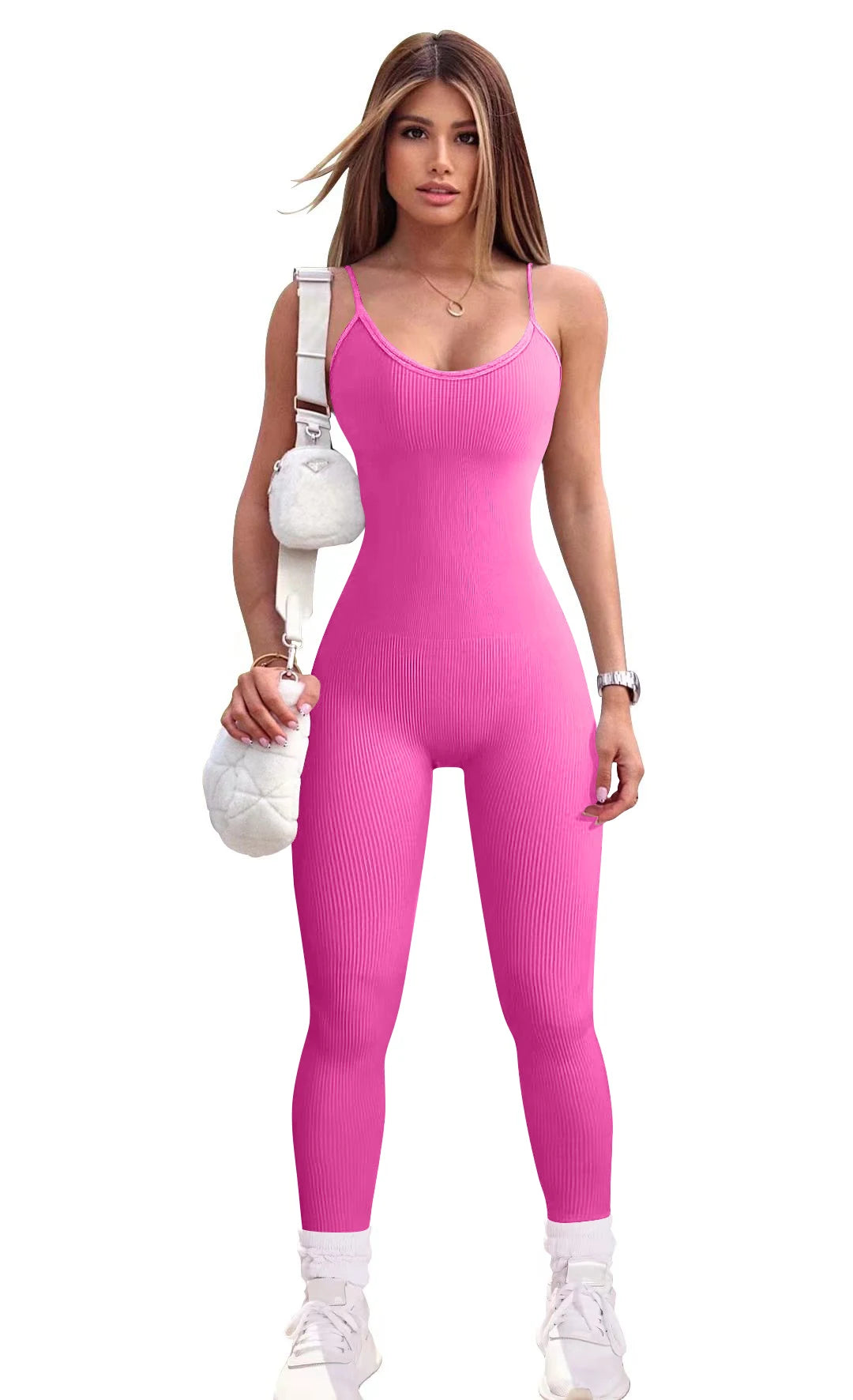 2024 New Fashion Solid Color Slim-fit Sexy Hip Lifting Bodysuit Sports Yoga Seamless Women's Jumpsuit Set