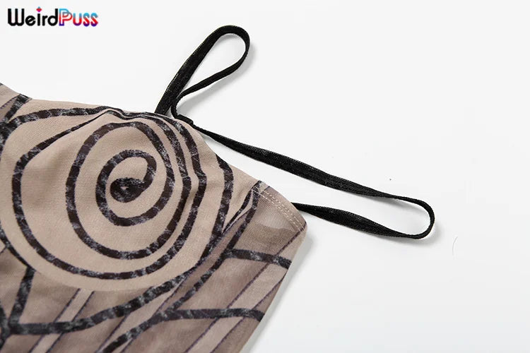 Weird Puss Stripe Print Sexy 2 Piece Set Women See Through Coquette Camisole+Long Skirts Midnight Clubwear Party Matching Suits Viralgem Store