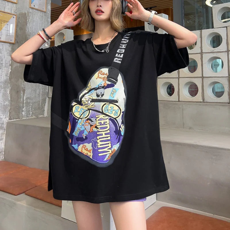 Summer Y2k Clothes New Messenger Bag Printed Pocket Zipper T-shirt Women Europea Style Casual Large Size Couple Casual Tees Tops