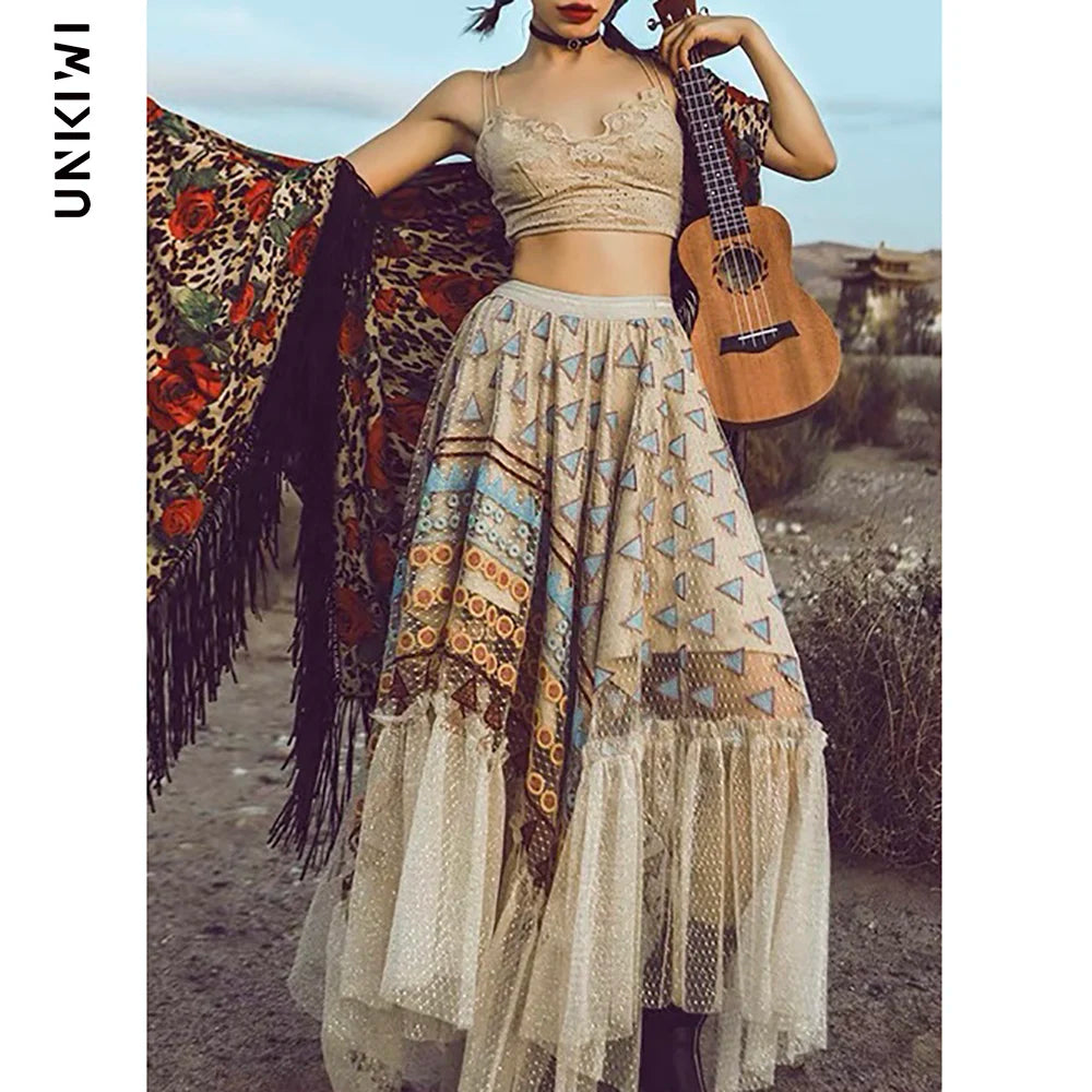 Women‘s Travel Holiday Wear Bohemian Colorful Embroidery Lace Ruffles Skirt Asymmetrical Hem Skirt Female Shiny Gold Mesh Skirts