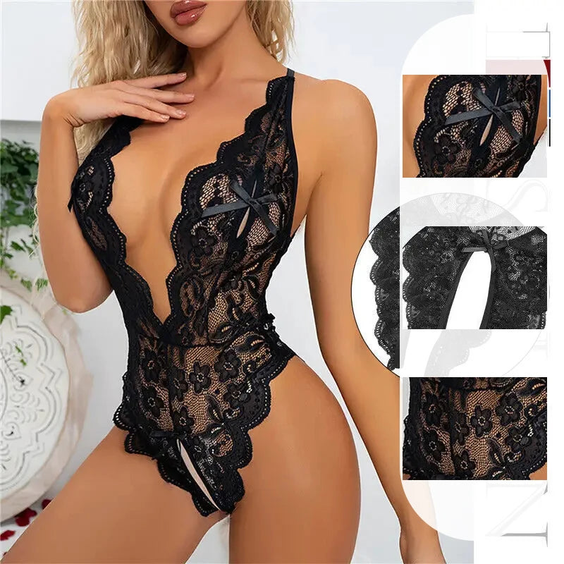 Summer Women's Deep V-Neck Revealing Chest Sexy Dress Lace Pajamas Women's Sexy Transparent Lace Flower One Piece Pajamas