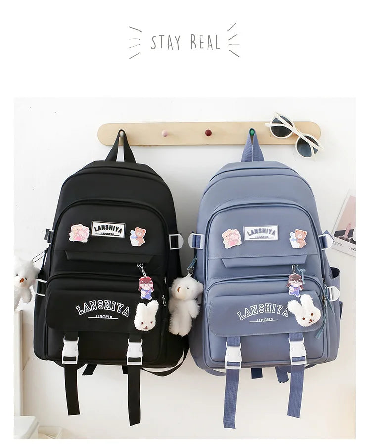 5-piece Set of Free Pendants Forest Style Korean Version Casual Harajuku Student Backpack for High School Girls Large Capacity Viralgem Store