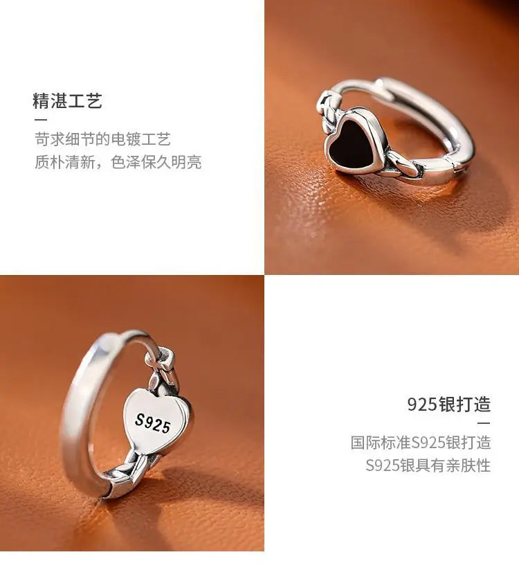 925 Sterling Silver Black Heart hoop Earrings Temperament Simple Inlaid for Women Wedding Jewelry Accessories