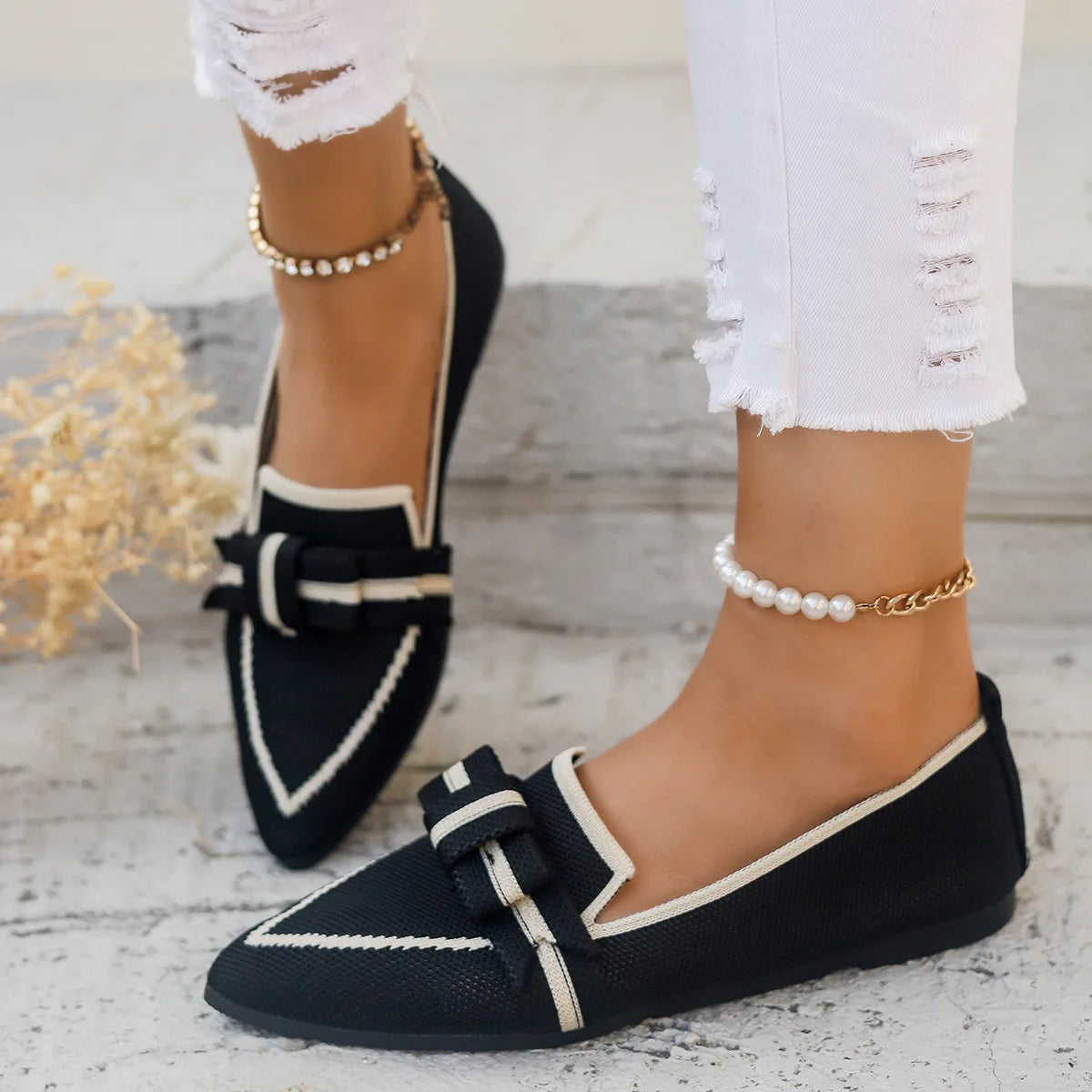 Women Flats 2024 New Knitted Slip Breathable Comfortable Solid Color Shoes Casual Pointed Toe Walking Loafers Sneakers Women Viralgem Store