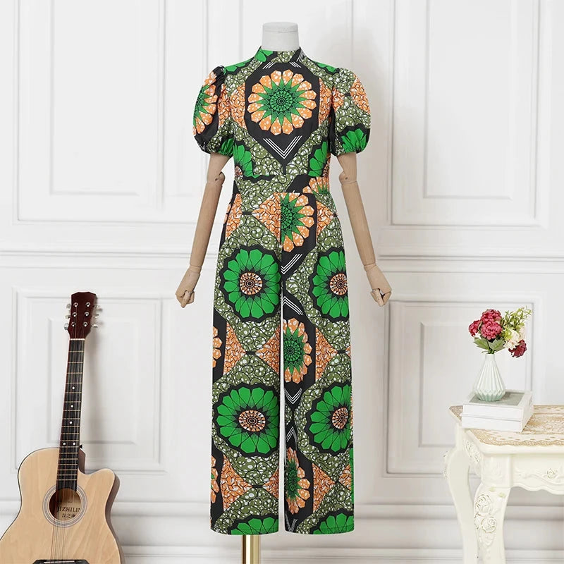 VONDA Women Jumpsuits Short Puff Sleeve Bohemian Print Playsuits 2025 Stand Collar High Waist Overalls Oversized Viralgem Store