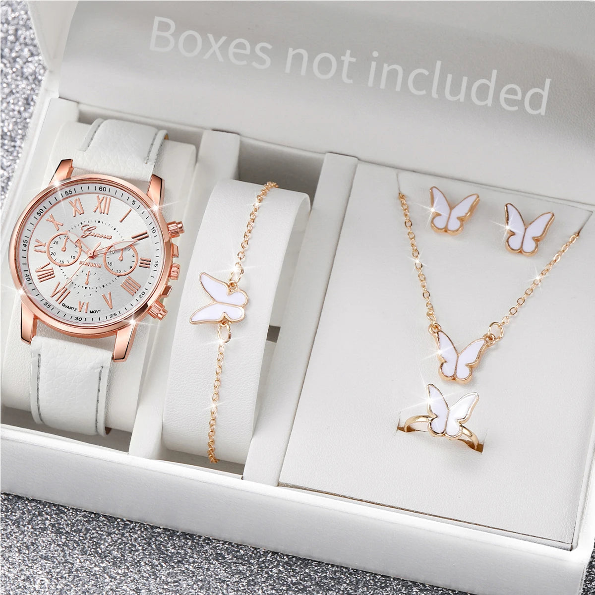5/6PCS Fashion Women's Quartz Watch Leather Band Analog Wrist Watches Heart Rhinestone Jewelry Set(Without Box) Viralgem Store