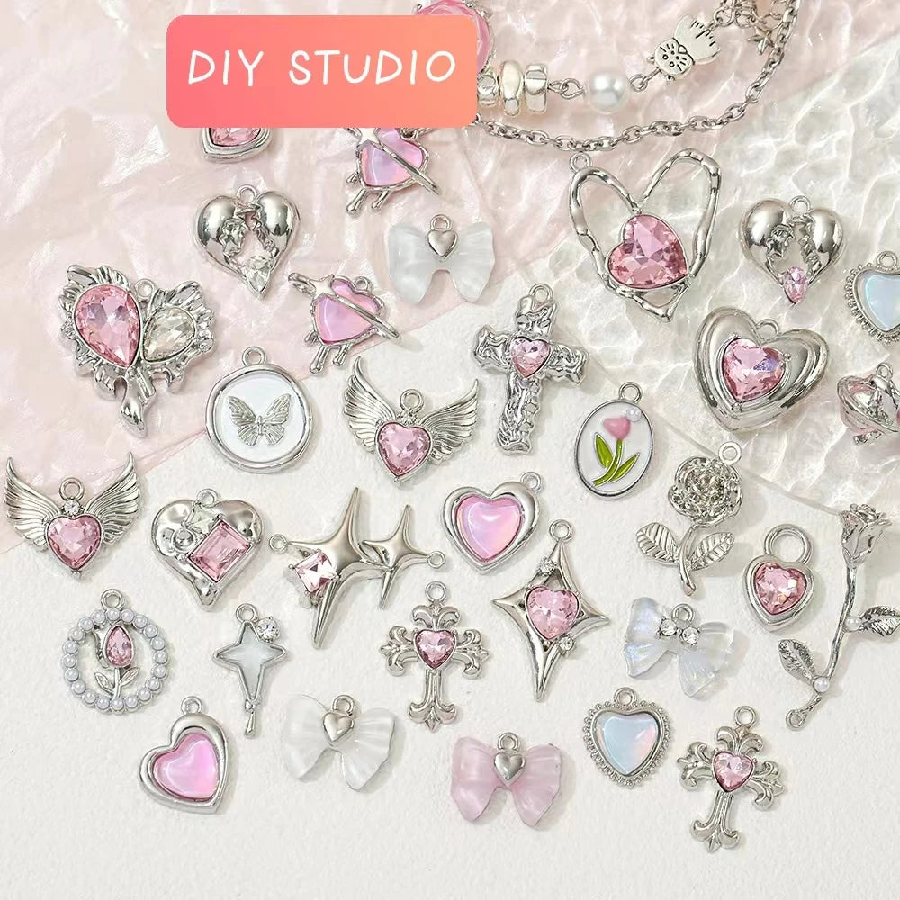 5Pcs Cute Pink Alloy Pearl Rose Heart Bow Tulip Charms DIY Handmade Necklace Earrings Pendant Jewelry Accessories For Women Girl