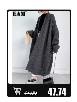[EAM] Big Size Gray Jacket Wide Leg Pants Two Piece Suit New V-Neck Long Sleeve Women Fashion Tide Spring Autumn 2024 1DH6481