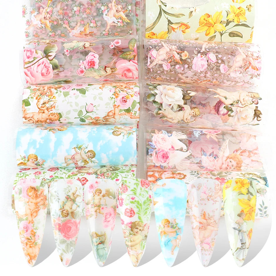 10Pcs Hologram Transfer Foil Nails Laser Stars Holographic Nail Stickers Mermaid Tail Sliders Metallic Gel Polish Wraps NLXKY01