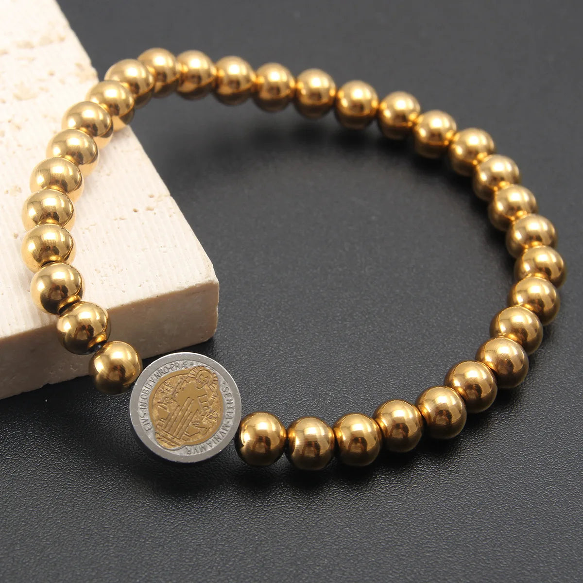 Stainless Steel San Benito Bracelet For Women Gold Color Metal St Benedict Cross Bracelet 6mm Bead Chain Pulseira