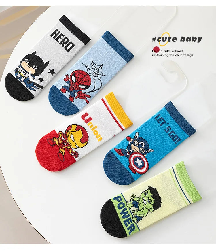 5 Pairs Spiderman Cotton Children's Socks iron Man Hulk Thor Anime kids Boys Short Socks Cartoon Baby Spring Summer Sock Y