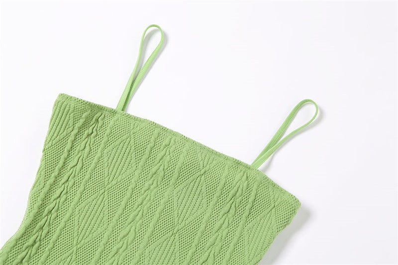 Women Fashion Elegant Streetwear Strap Mini Dress Summer New Solid Green Knit Stretch Slim Office Lady Dresses