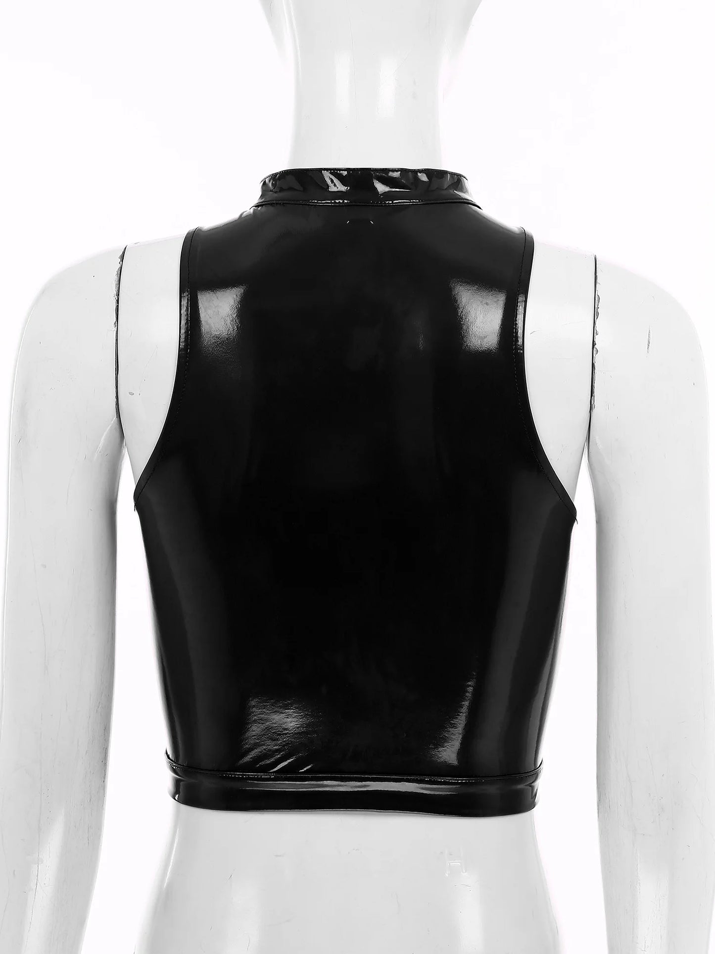 Women's Patent Leather Sleeveless Crop Tops Gothic Punk Corset Top Adjustable Round Neck Lace-up Vest Party Clothes Clubwear