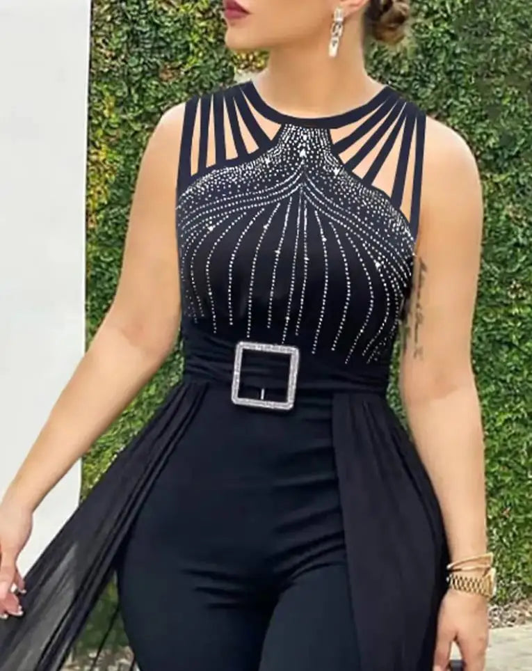Women Jumpsuit 2025 Summer Simple Sleeveless Round Neck Rhinestone Fashion Sexy Sheer Mesh Daily Casual Commuting Jumpsuit Viralgem Store