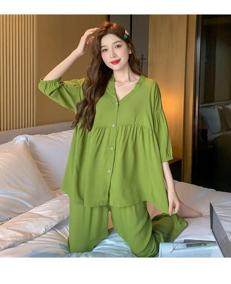 2023 New Cotton Silk Summer Pajamas Suit Plus Size Loose Ladies Home Clothes Two-piece Casual Style Thin