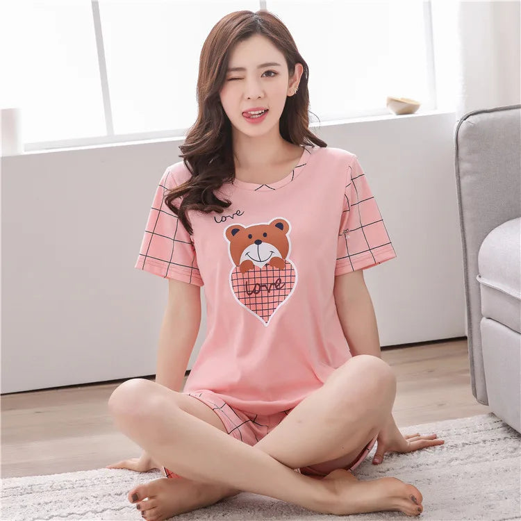 Women Thin Cute Sleepwear 2PCS Shirt Shorts Pajamas Set Nightwear Cartoon Intimate Lingerie Pyjamas Female Homewear Gift Tops Viralgem Store