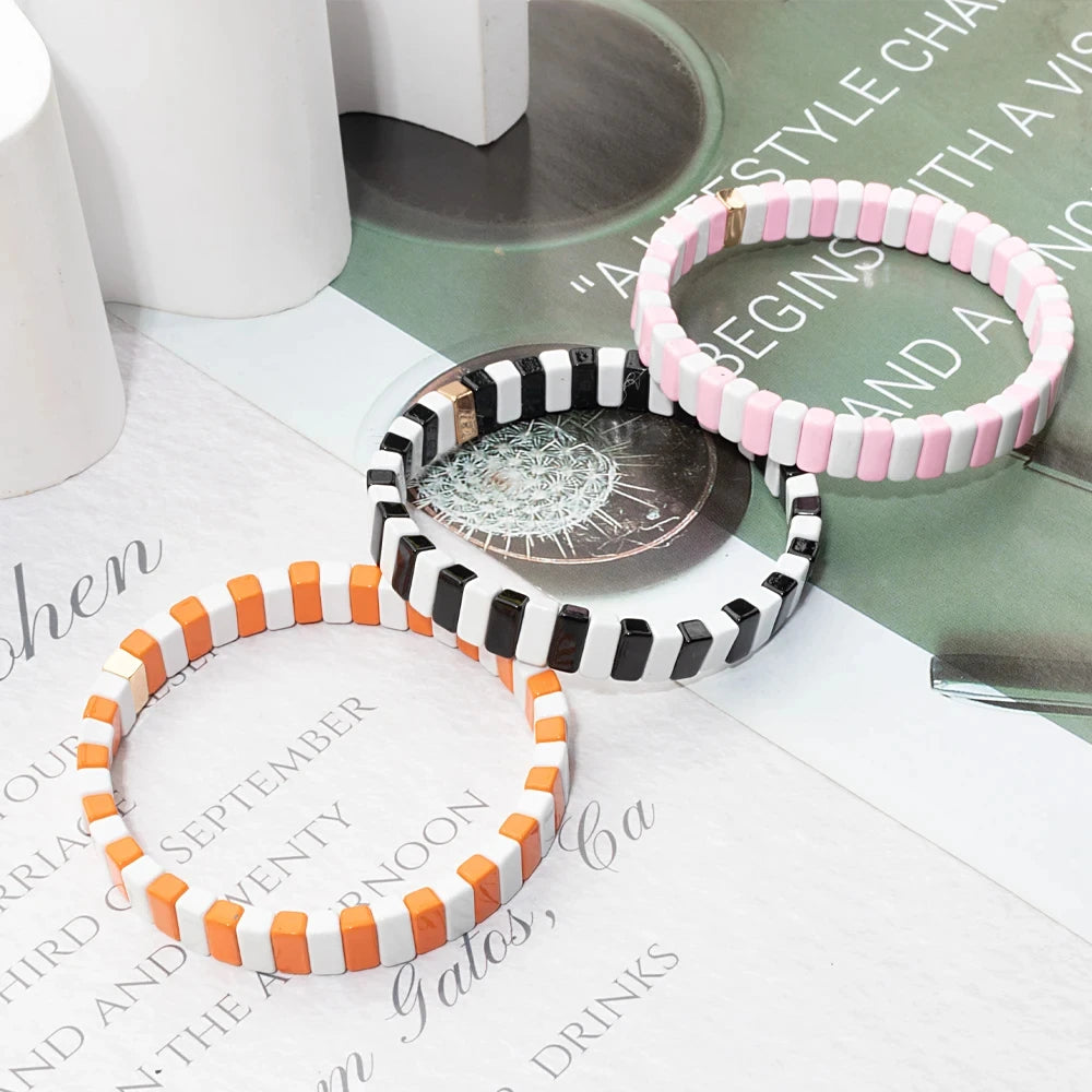 4X8MM Enamel Bracelets Wholesale Colorful Elastic Bangle Handmade Rainbow Beads Jewelry