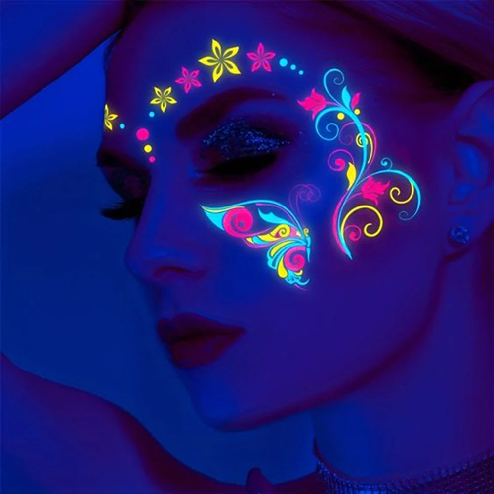 1Pcs Halloween Fluorescent Face Stickers 12-Styles Feather/Flowers/ButterflyDesign Tattoo Sticker Waterproof Glowing Face Decals Viralgem Store