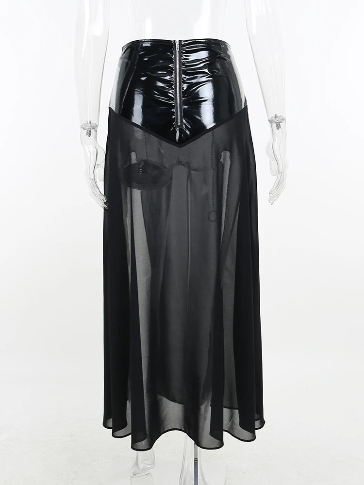 Yangelo Goth Grunge Skirt With Buckle Women Y2K Punk Sexy Bottoms Patchwork Split Long Skirts Summer Zipper See Through Clothes