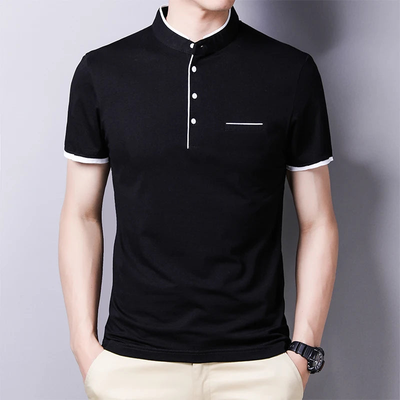 2025 New Men's Casual and Fashionable Solid Color Short Sleeved Stand Up Collar T-shirt Summer Versatile and Comfortable Top