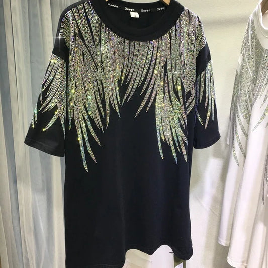 Women Tops Sequin Print Tees Round Neck Half Sleeve Loose Casual Regular Splice T Shirts Simple Hot Drilling Mid Length Top