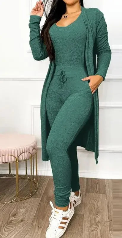 Two Piece Set Women Outfit 2025 Spring Fashion Drawstring Pocket Design U-Neck Sleeveless Skinny Jumpsuit & Long Sleeve Coat Set Viralgem Store