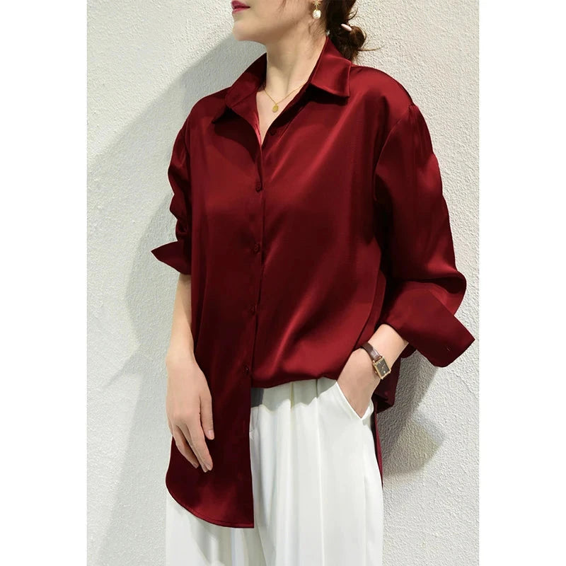 All-match Satin Finish Shirts And Blouses Women Clothing Casual Top OL Long Sleeve Button Elegant Shirts French Solid Blouses Viralgem Store