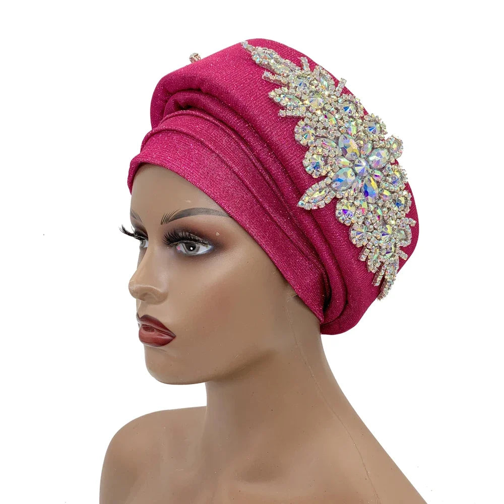 African Wrap Head Headgear Nigeria Auto Gele Headtie Turbante Mujer Luxury Rhinestone Turban Hat for Women Glitter