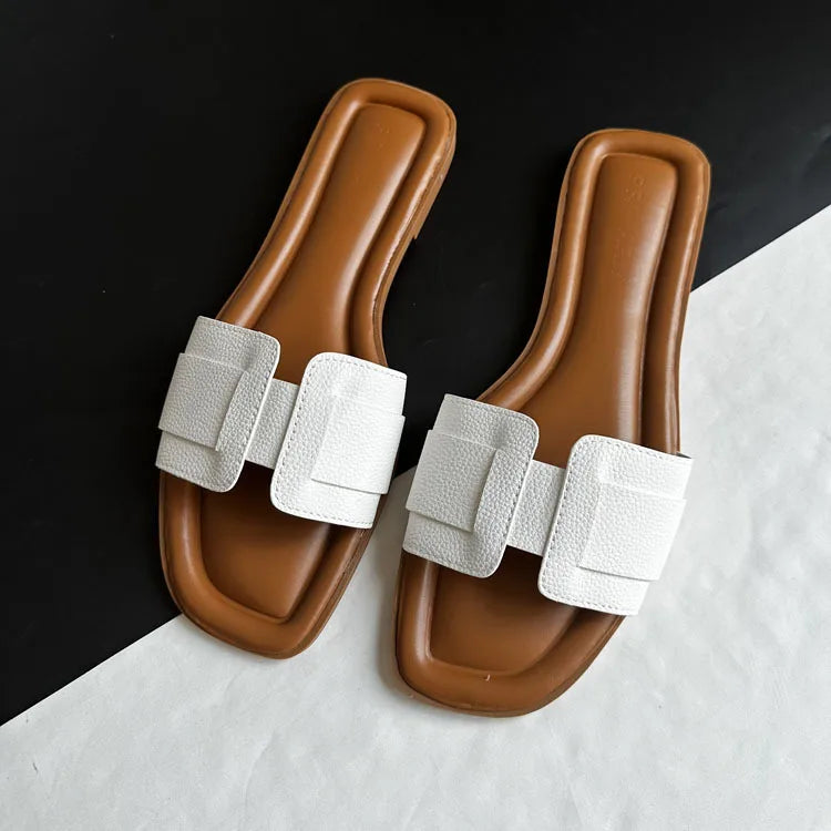 2024 Women Modern Slippers Summer Outdoors Comfortable Flat Slippers Luxury Leather Slippers Casual Slides Shoes Females Sandals