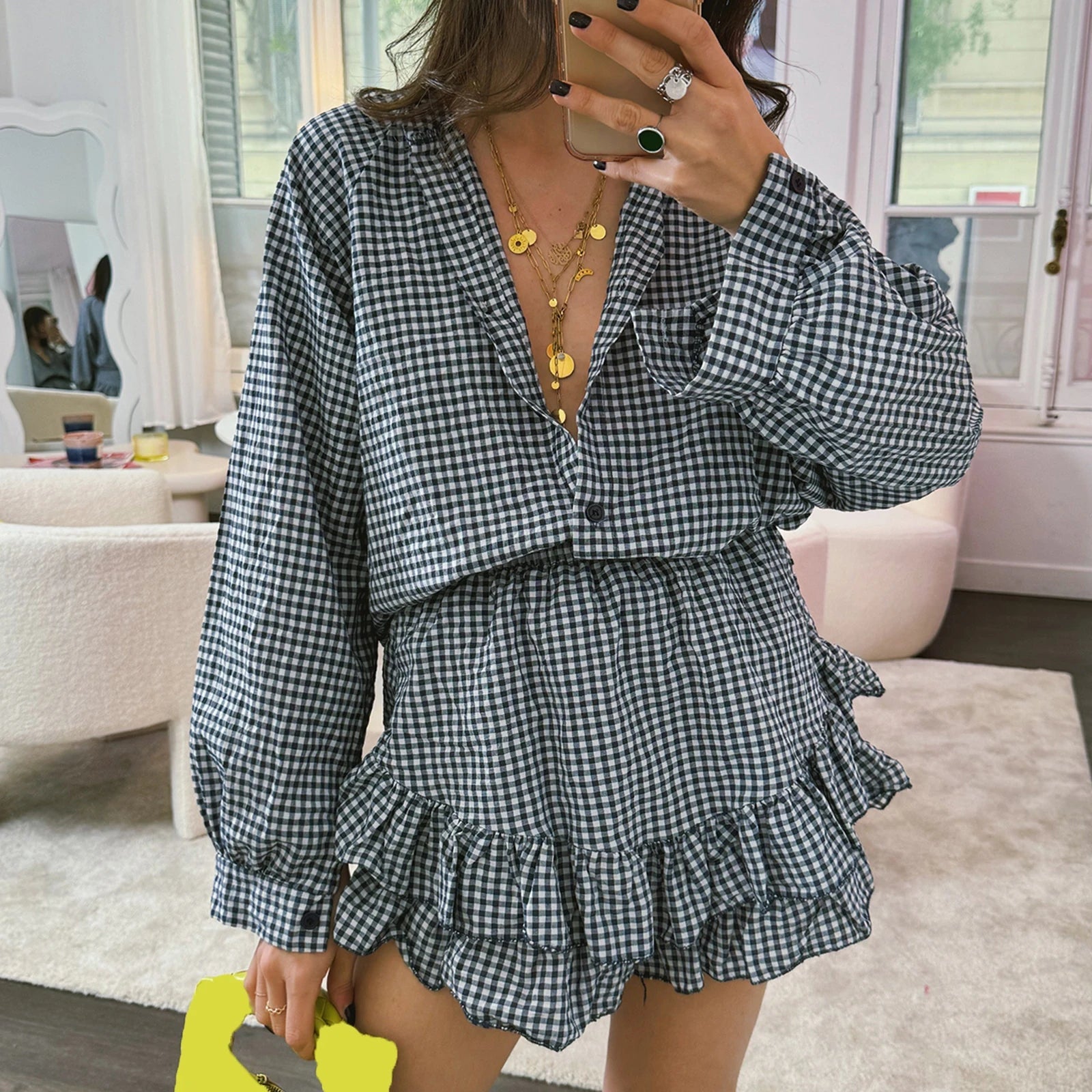 Women Retro Aesthetic Two Piece Outfits Skirts Sets Plaid Print Long Sleeve Button Shirts+High Waist Layered Mini Skirts Clothes Viralgem Store
