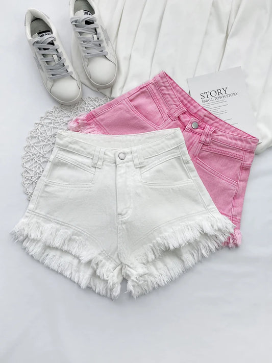 White Denim Shorts Women New High-Waist Ripped Fringed Burr Hot Pants 2023 Summer Loose Wide-Leg Korean Style Short Femme