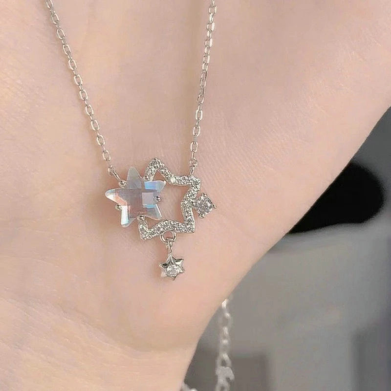 Sweet Cute Shiny Zircon Star Pendant Necklace Korean Fashion Elegant Girls Women Bow Knot Round Crystal Clavicle Chain Jewelry