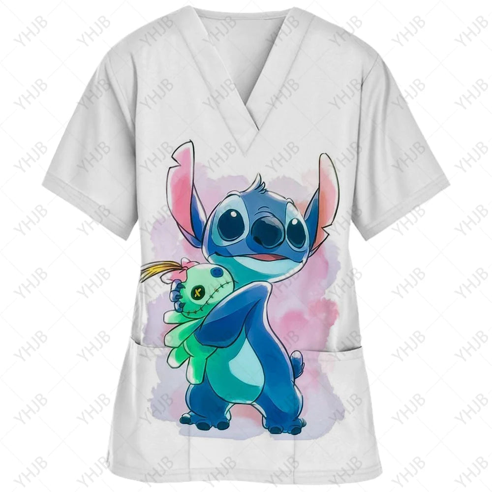 Top Women 2024 Minnie Mouse Tops Disney T Shirt Pocket T-shirts Hospital T-shirt Summer Nurse Uniform Woman Clothes Mickey Tees