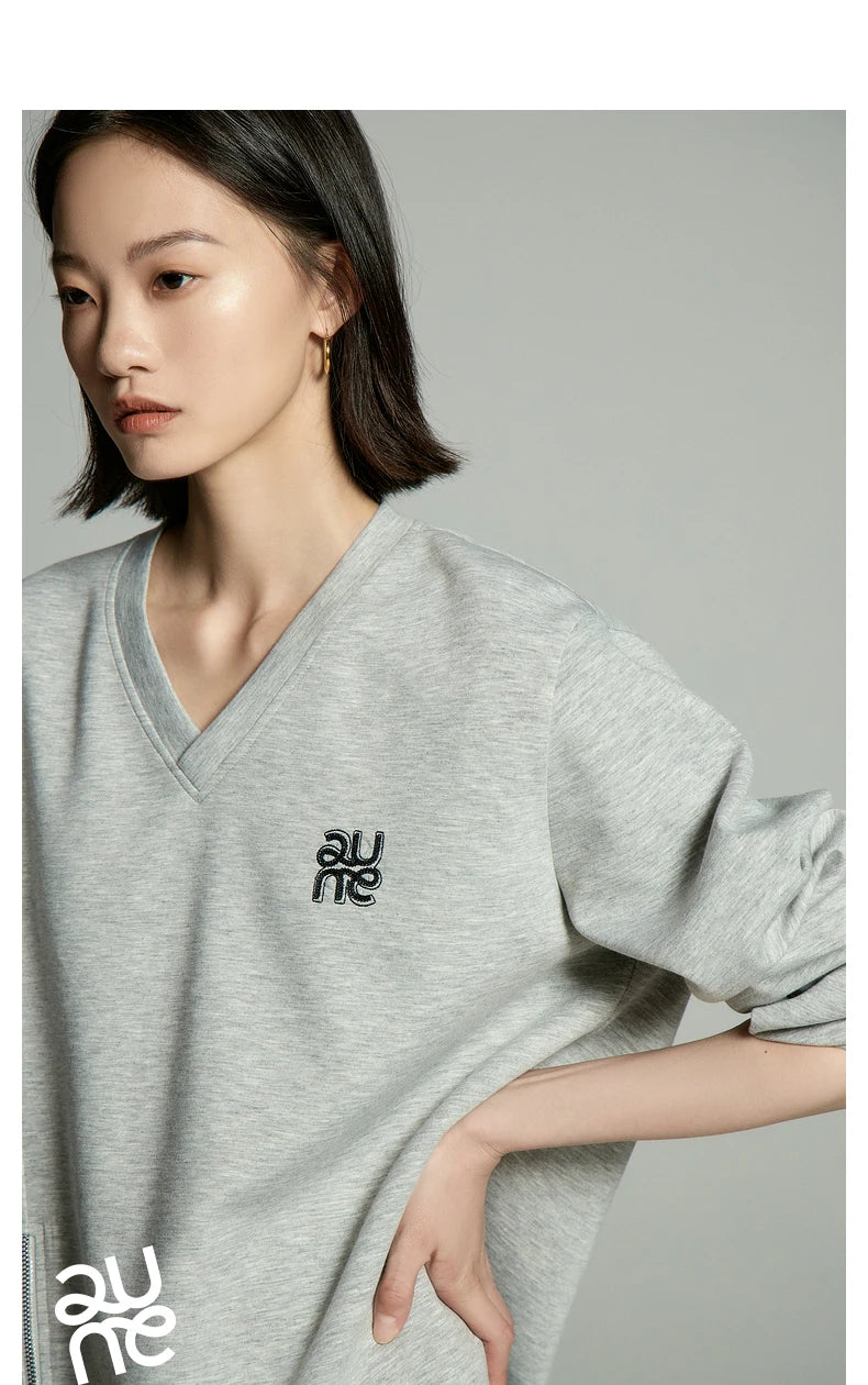 Toyouth Women Sweatshirts 2024 Autumn Long Sleeve V Neck Loose Hoodie Unique Zippered Split Hem Casual Chic Pullover Tops