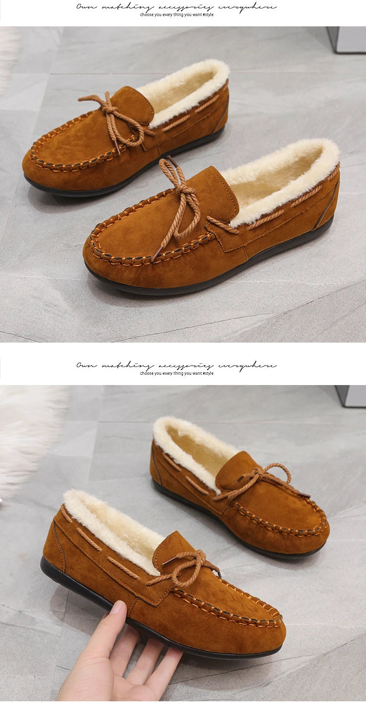 2023 autumn and winter new Doudou shoes women plus cashmere warm bow Korean version of casual shallow mouth flat lazy cotton sho
