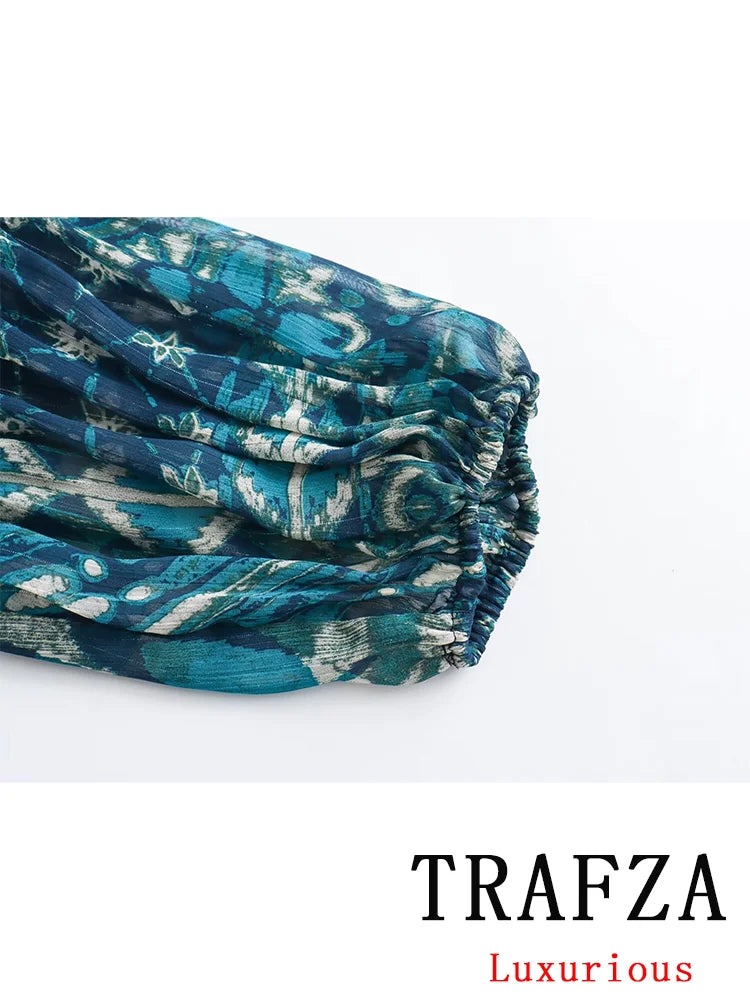 TRAFZA Vintage Casual Chic Print Women Suit O-Neck Single Breasted Blouse Loose Long Straight Skirt Fashion 2024 Boho Set