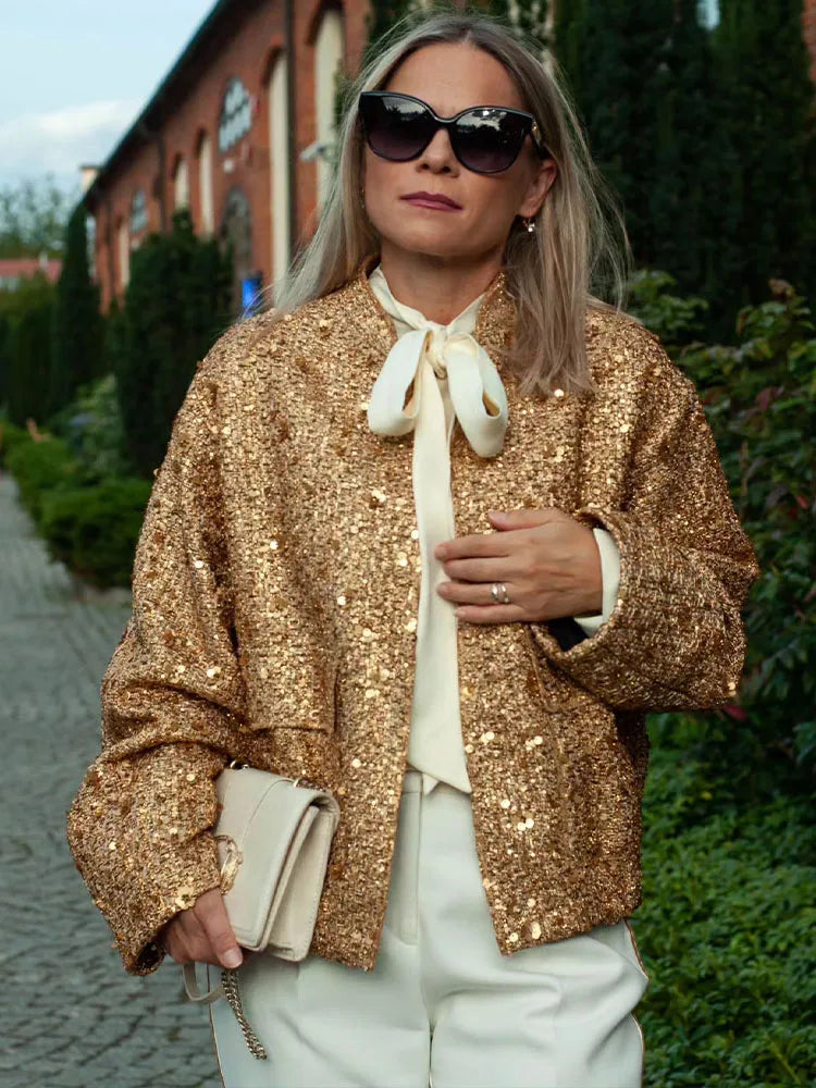 TRAFZA Women Trend Gold Sequin Decoration Loose Short Jacket Woman New Fashion Coat Versatile Warm Chic And Elegant Female Coats Viralgem Store
