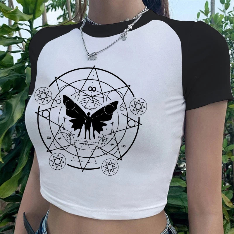 Y2k Fairy Grunge Emo Sexy Gothic Crop Top Vintage Harajuku Black Short Sleeve O-neck T Shirts Aesthetic Clothes Streetwear Tanks