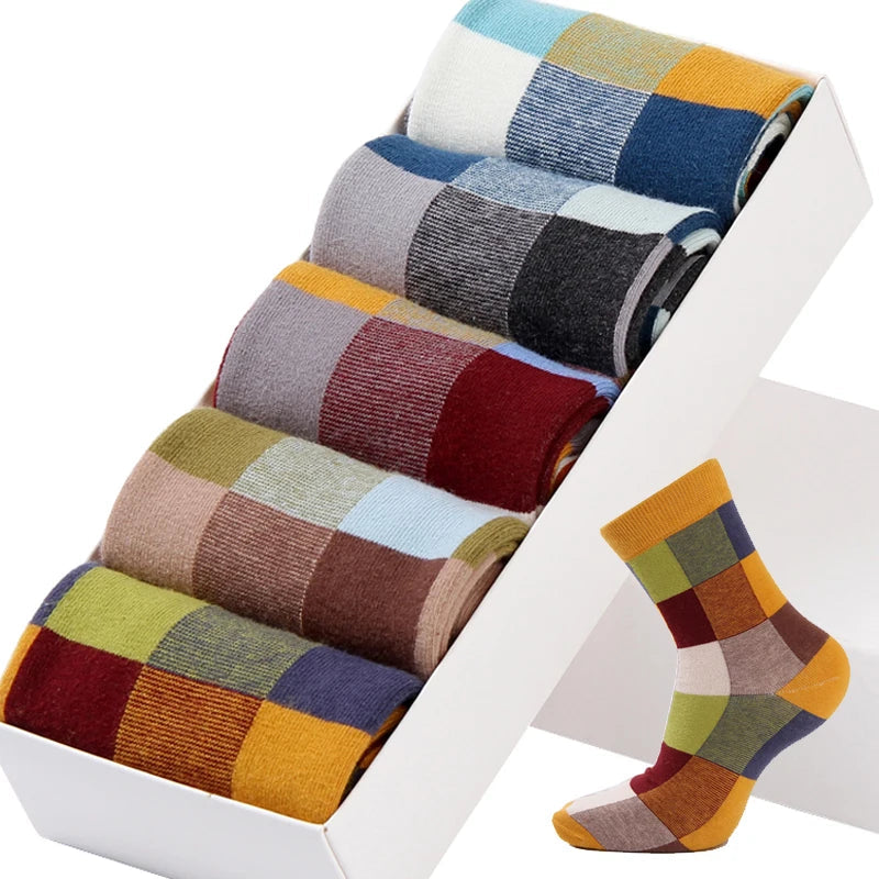 5 Pairs/Lot Combed Cotton Men's Socks Compression Socks Fashion Colorful Square Happy Dress Socks Men Size 39-45 Viralgem Store