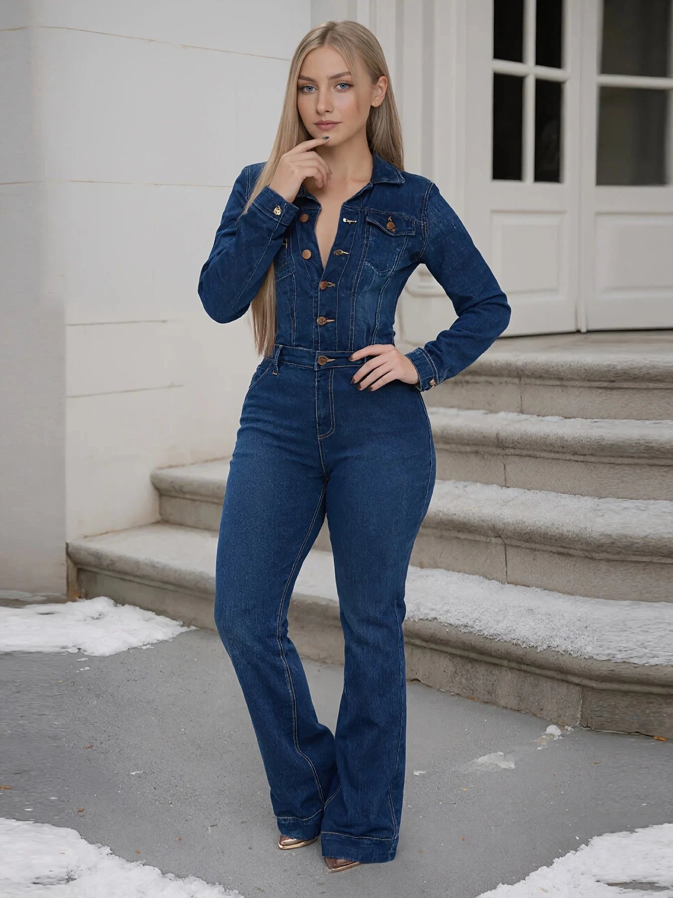 Women's new fashionable elastic hip lifting denim jumpsuit with long sleeved button design, elegant and sexy denim jumpsuit, Viralgem Store