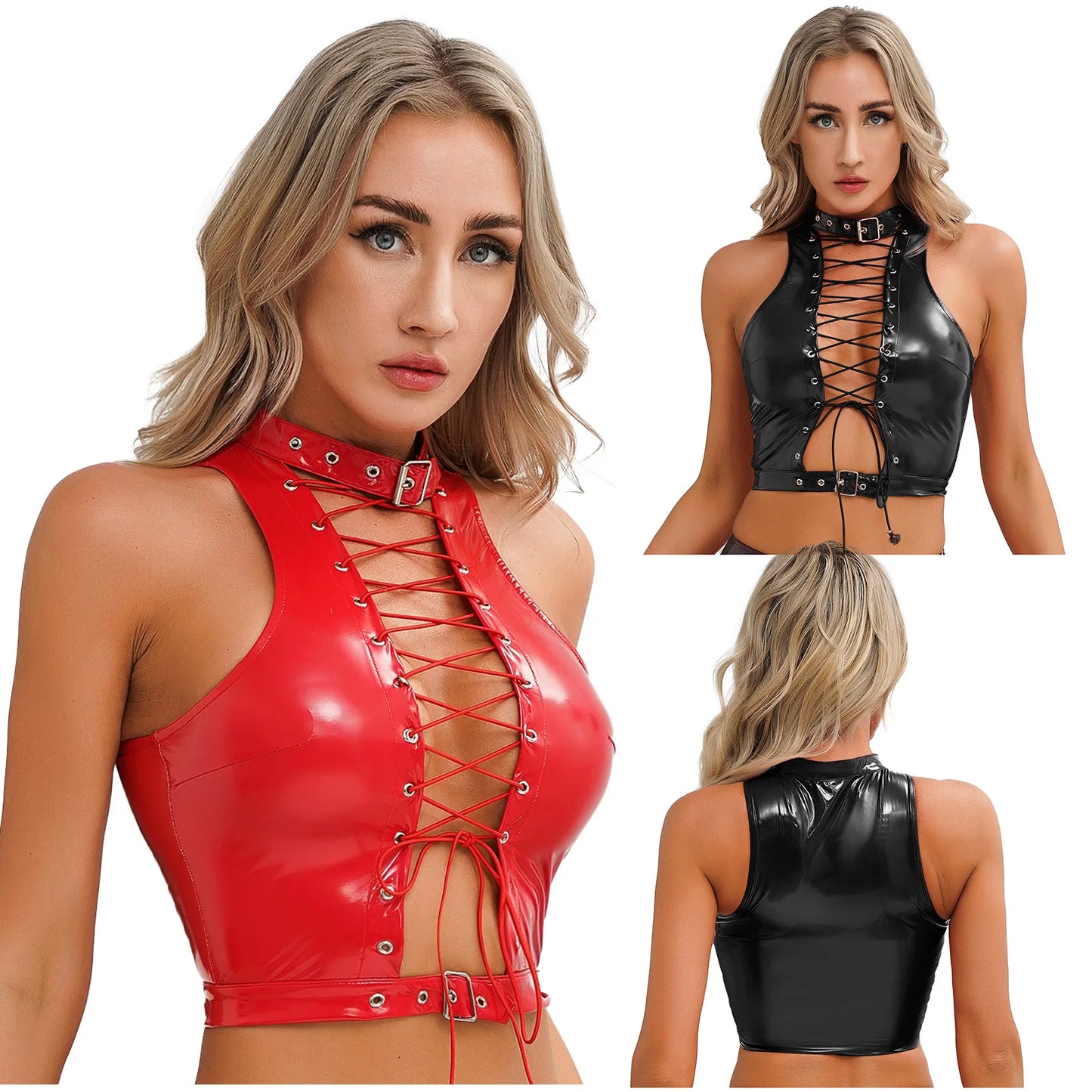 Women's Patent Leather Sleeveless Crop Tops Gothic Punk Corset Top Adjustable Round Neck Lace-up Vest Party Clothes Clubwear