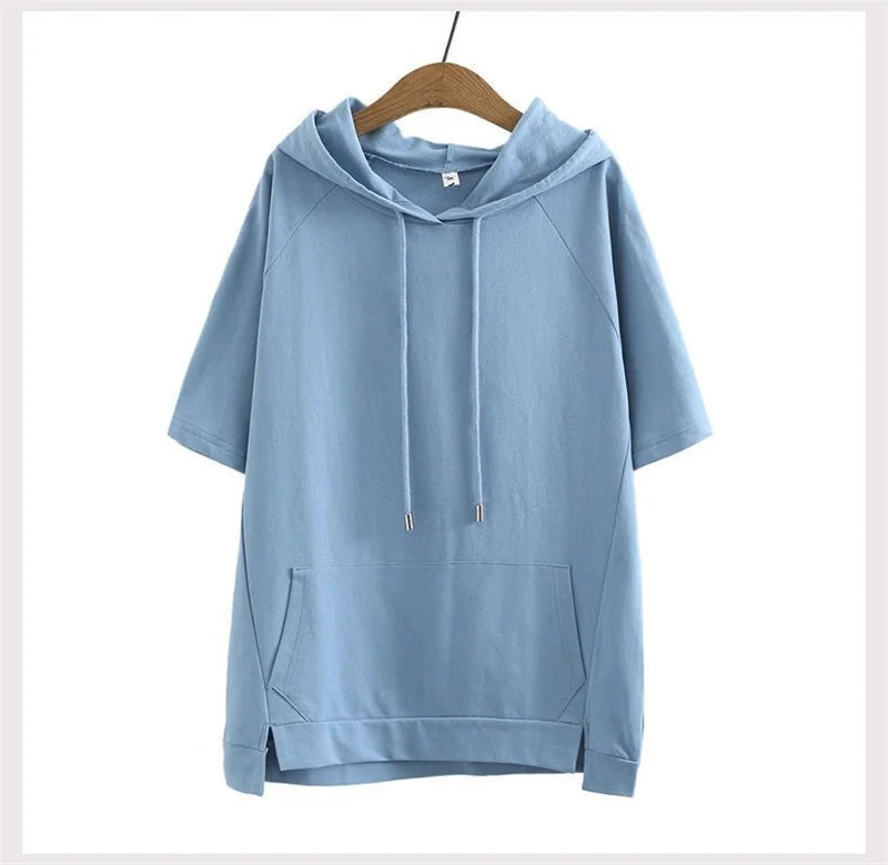 2023 Oversize 4XL Loose Sweatshirts Women Cotton Hoodies Summer Short-sleeves Thin Tees Female Casual Pullover Tops Outerwear