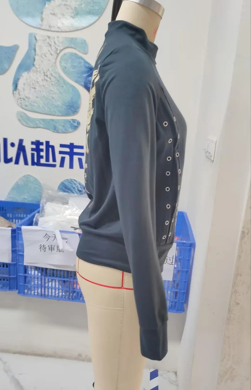 Women Fashion Skull and Letter Print Hoodies y2k Side Tie Up Coats Casual Long Sleeve Zip Up Hoodies Black Basic Slim Sweatshirt