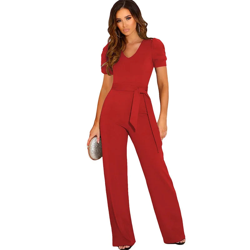 2024 Summer New Style Strap Waist Wrapped jumpsuit Women's Solid Color V-neck Short Sleeve Wide Leg Long Pants